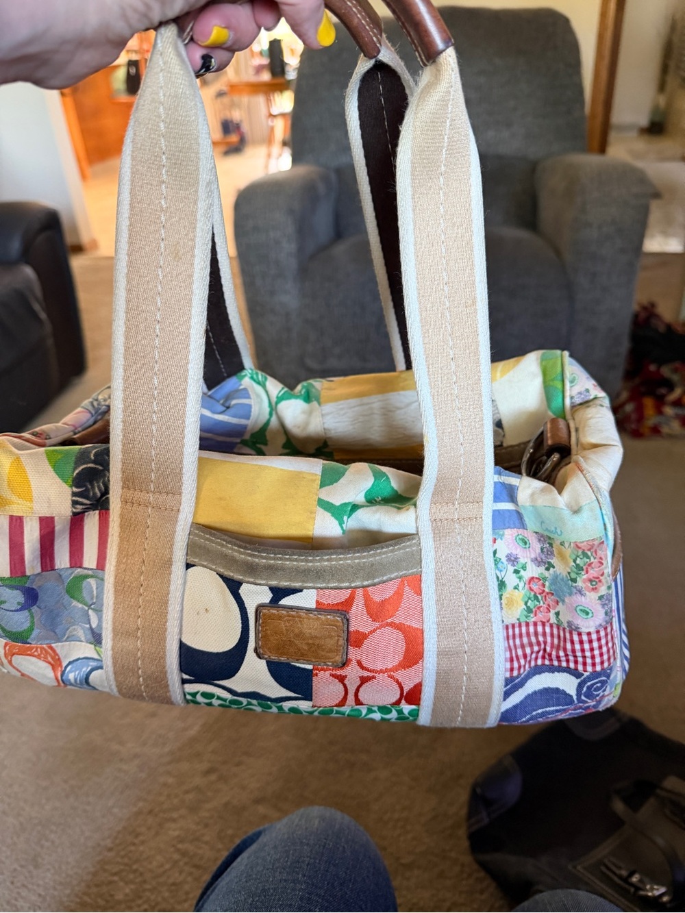 Patchwork Canvas Tote Bag with Beige Straps